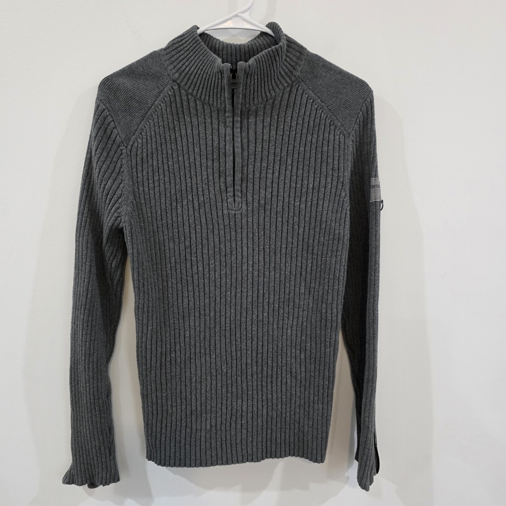 Vintage Y2K Express Mens Ribbed Mock Neck Sweater Medium Gray Quarter Zip Ribbed